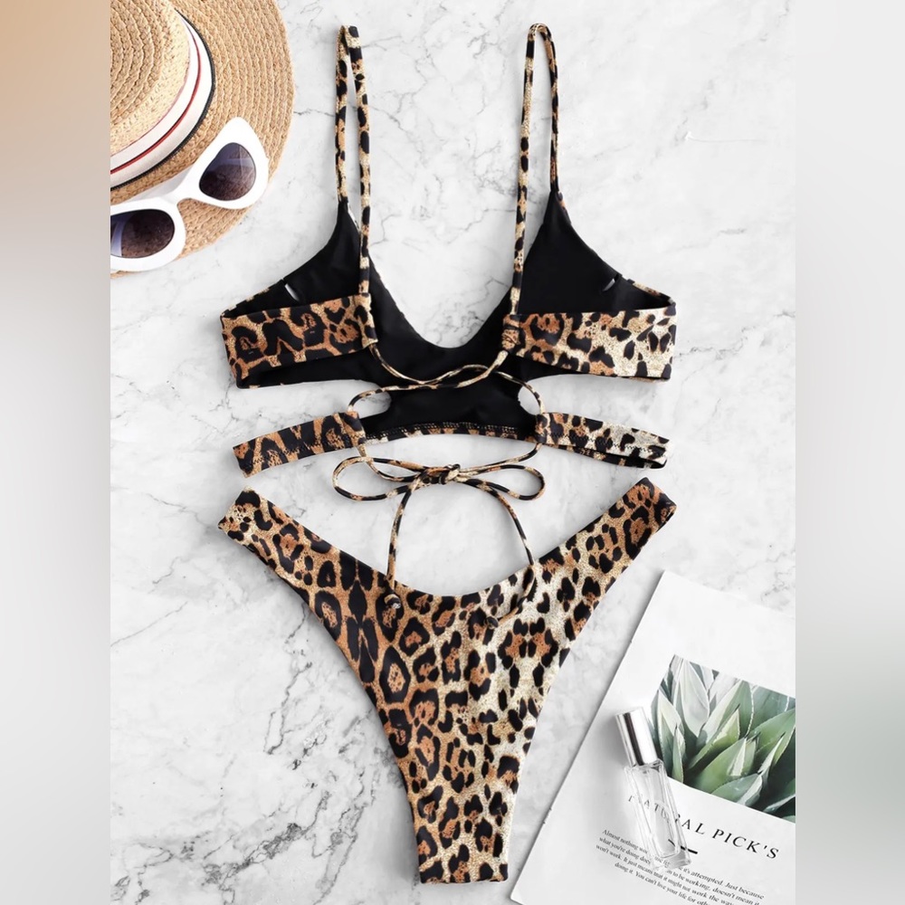 Zaful | Reversible Animal Print Cut Out High Leg Bikini - Size S